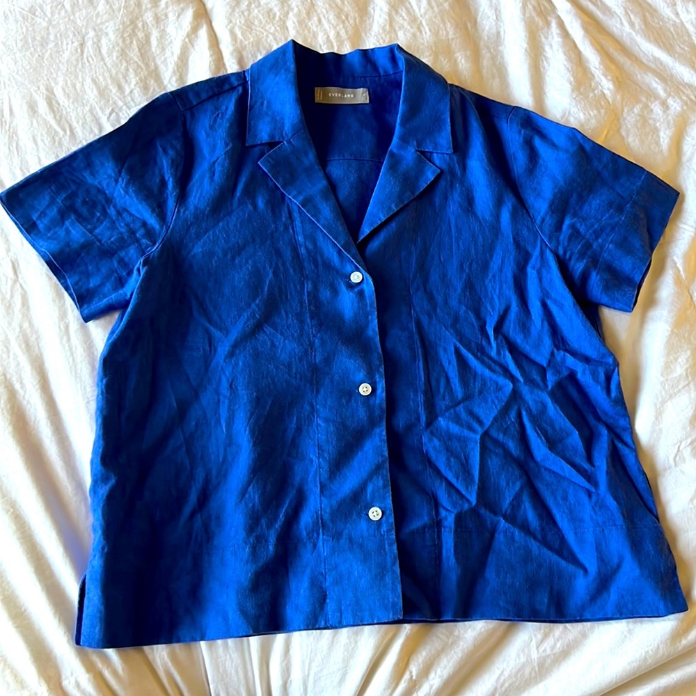 Everlane Linen Periwinkle Crop Flow Button Up Size 4